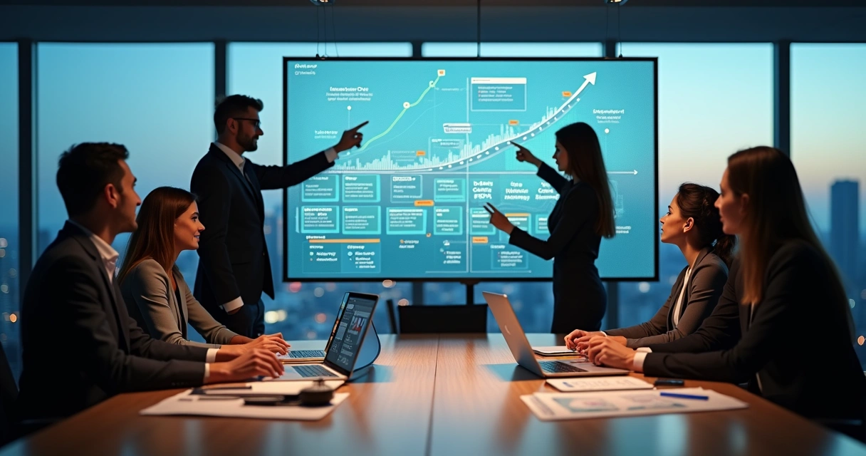Líderes reunidos em mesa de reunião analisando painel digital com estratégia e execução alinhadas 