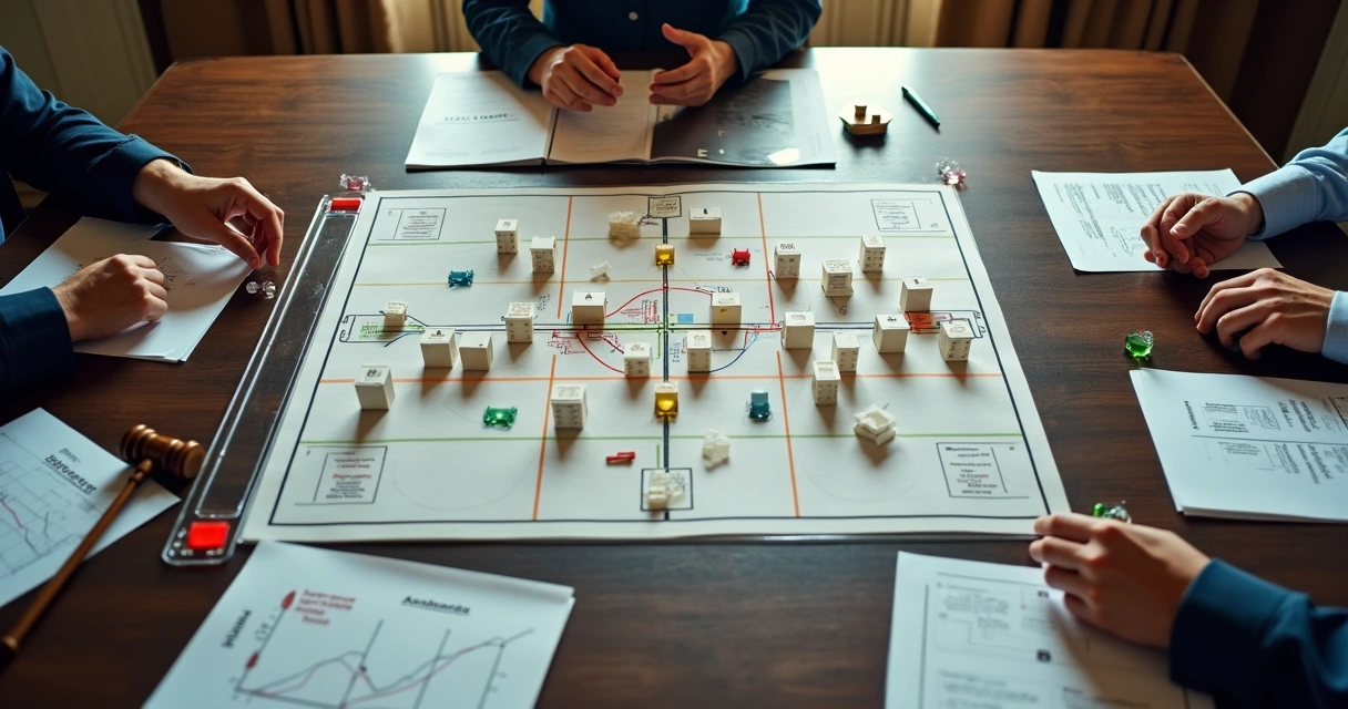 Mesa com painel tático e peças representando imóveis de leilão 