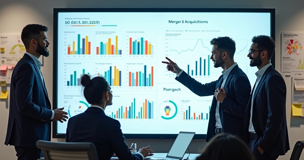 Equipe analisando gráficos de M&A em uma sala de projetos 