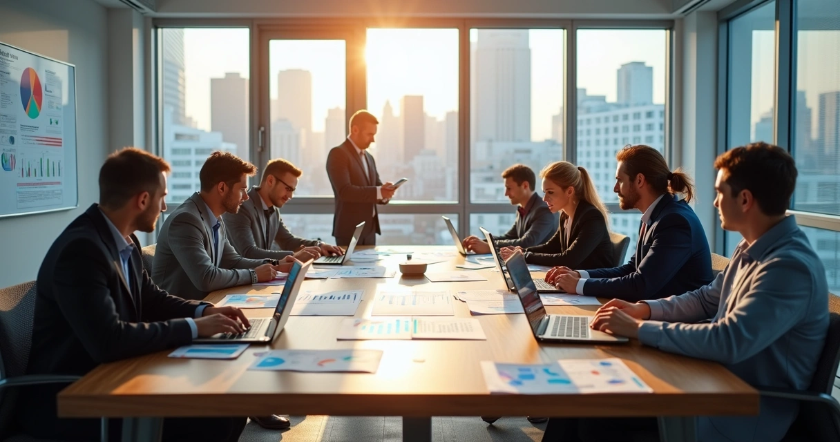 Equipe analisando dados estratégicos em uma sala de reunião 