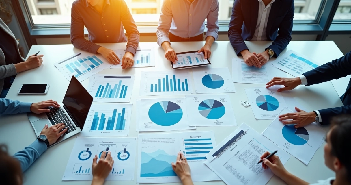 Mesa com papéis de planejamento e gráfico de metas 