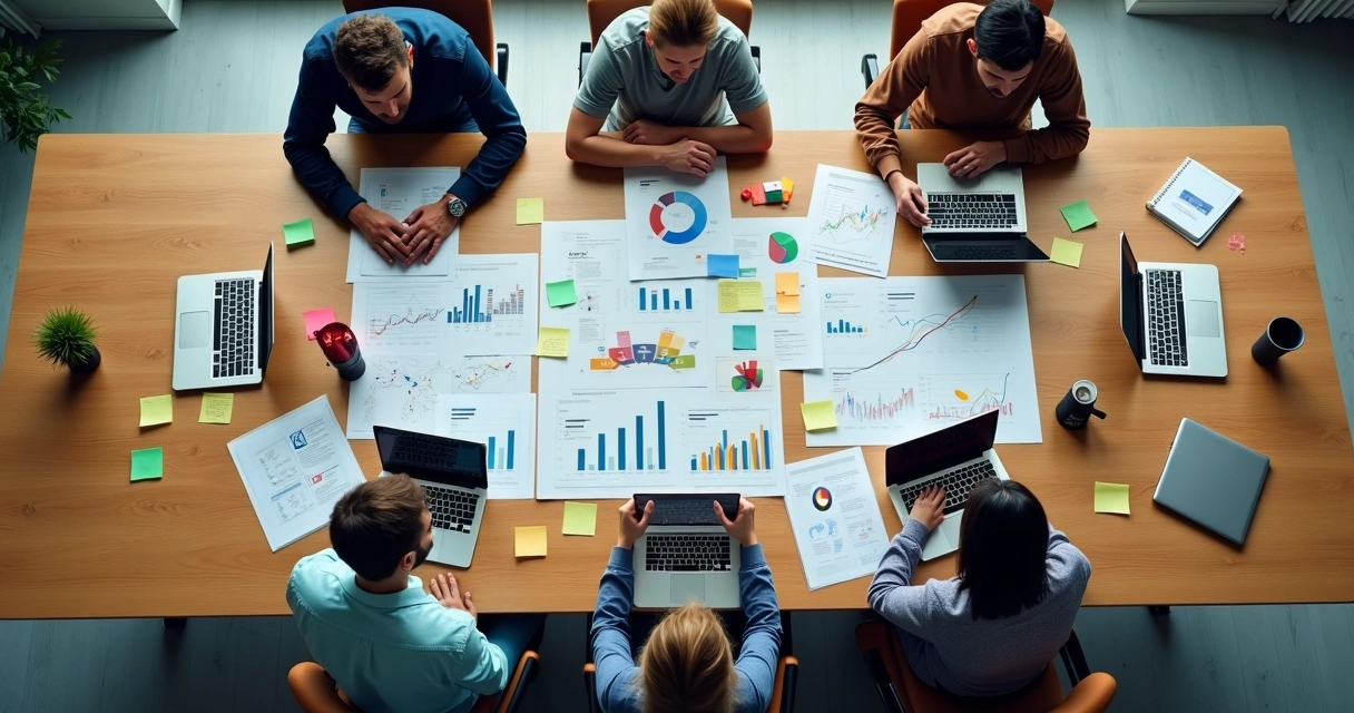 Equipe de marketing digital reunida analisando dashboard de métricas em mesa ampla 