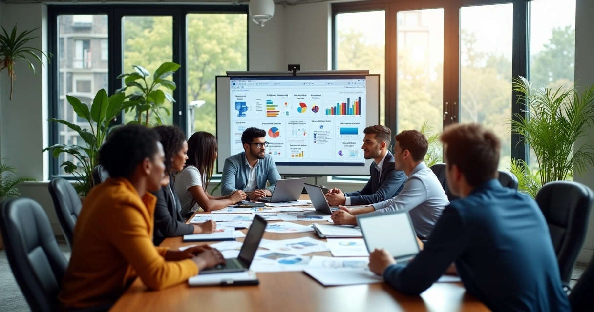 Mesa de reunião com equipe planejando estratégias para agência digital com gráficos e anotações organizadas 