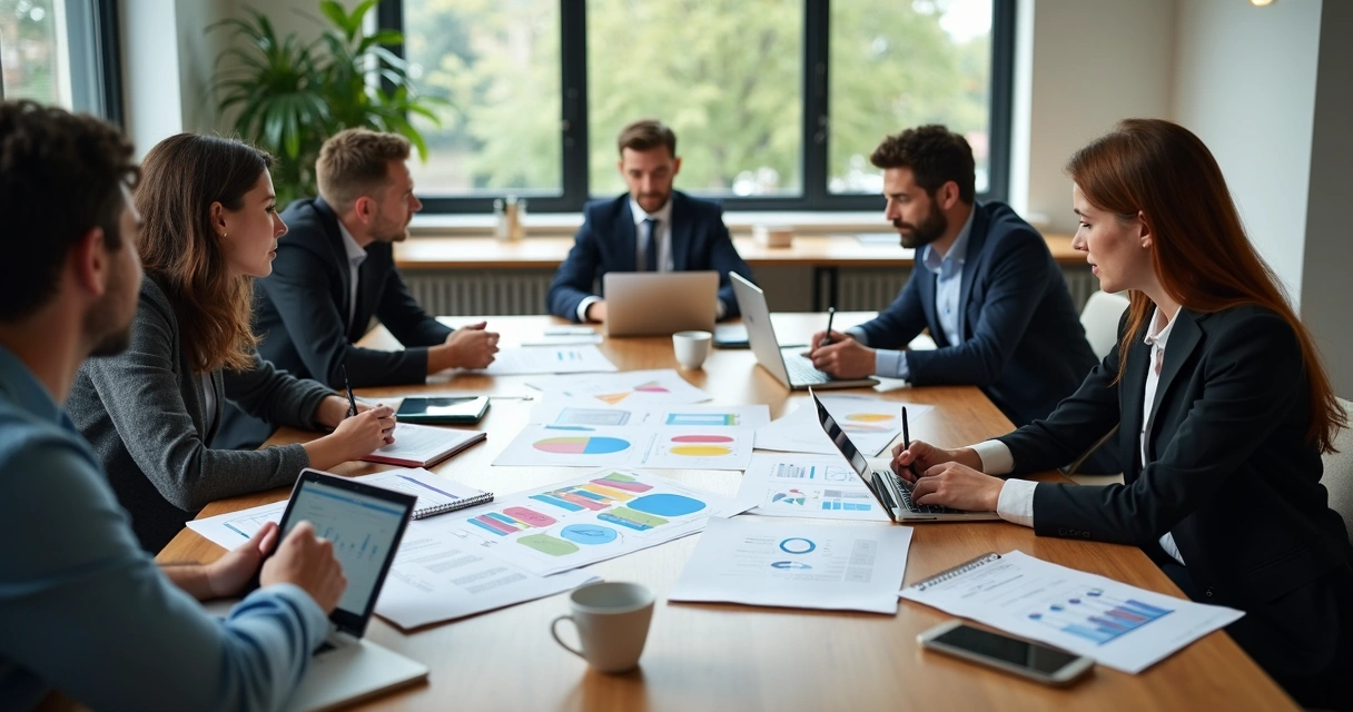 Mesa de reunião com donos de agência digital analisando gráficos e planos estratégicos em laptop e documentos 