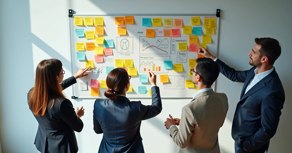 Diretoria de associação analisando mural com post-its coloridos. 