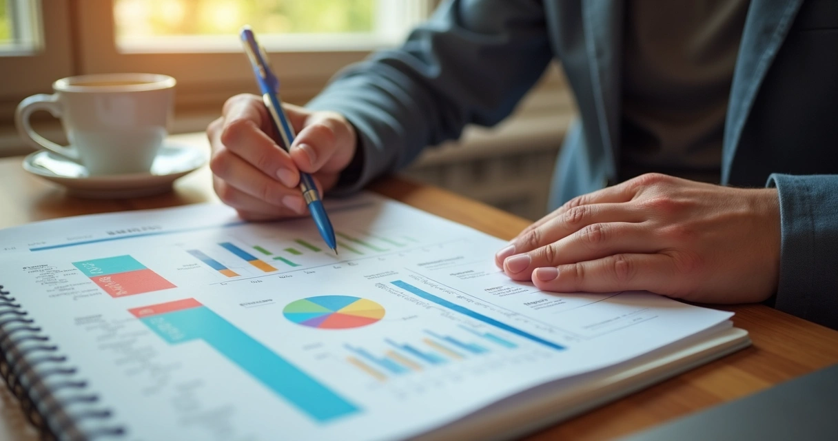 Pessoa revisando plano estratégico em caderno com gráficos e anotações 