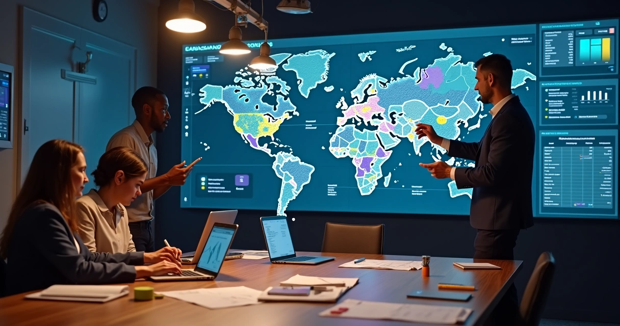 Mapa digital com equipe apontando segmentos de eleitores 