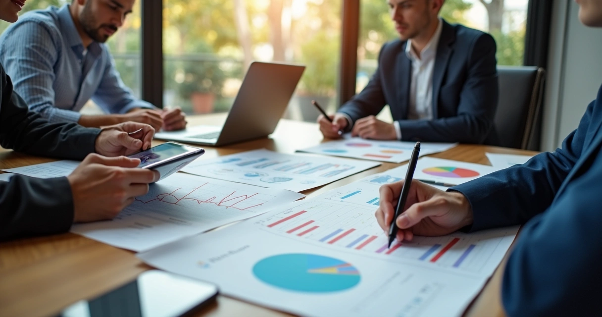 Mesa de reunião com pessoas analisando gráficos e planilhas para planejamento estratégico de vendas na Black Friday 