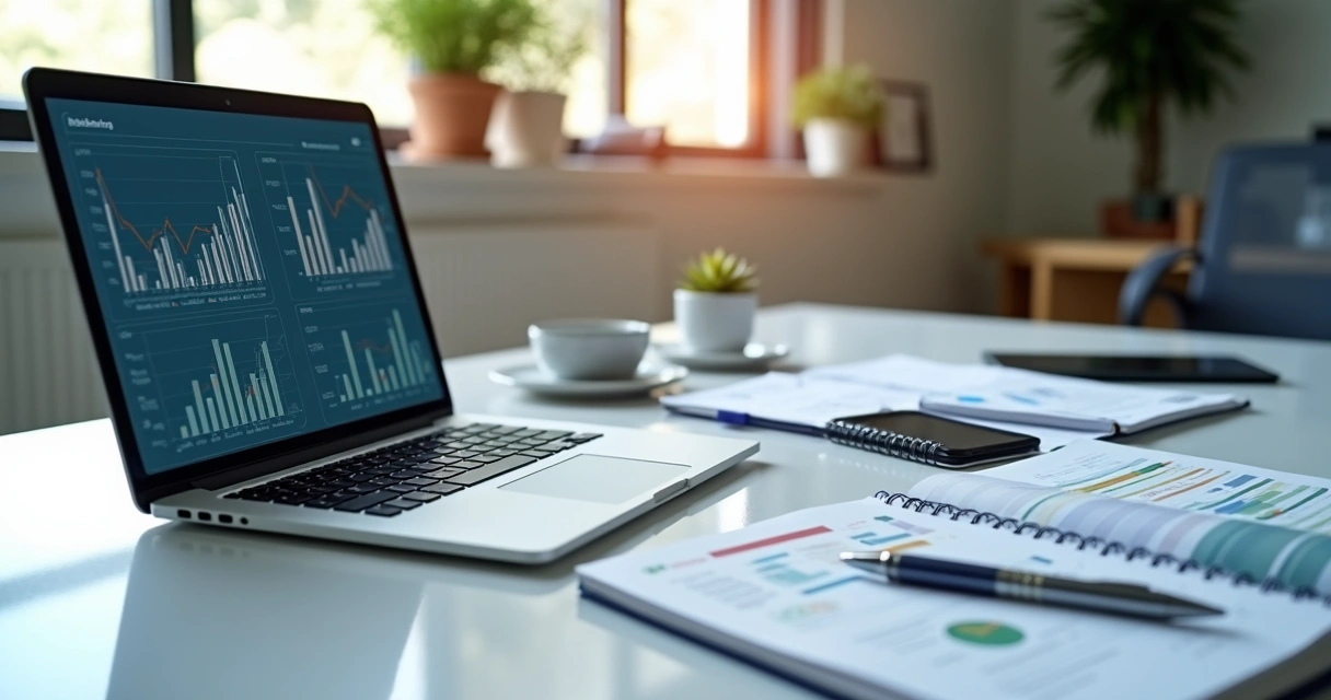 Mesa de trabalho com notebook aberto mostrando gráficos financeiros, ao lado caderno de planejamento, caneta, calculadora e documentos organizados, ambiente de escritório moderno e iluminado 