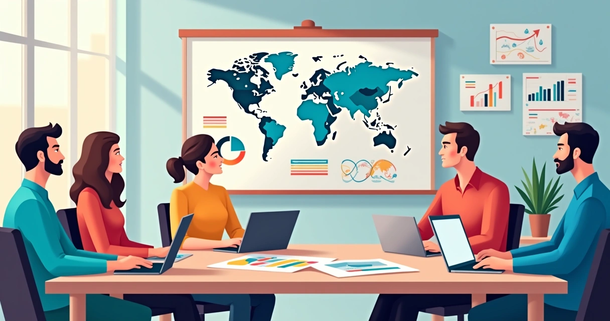 Mesa com equipe reunida analisando mapas e gráficos de campanha política