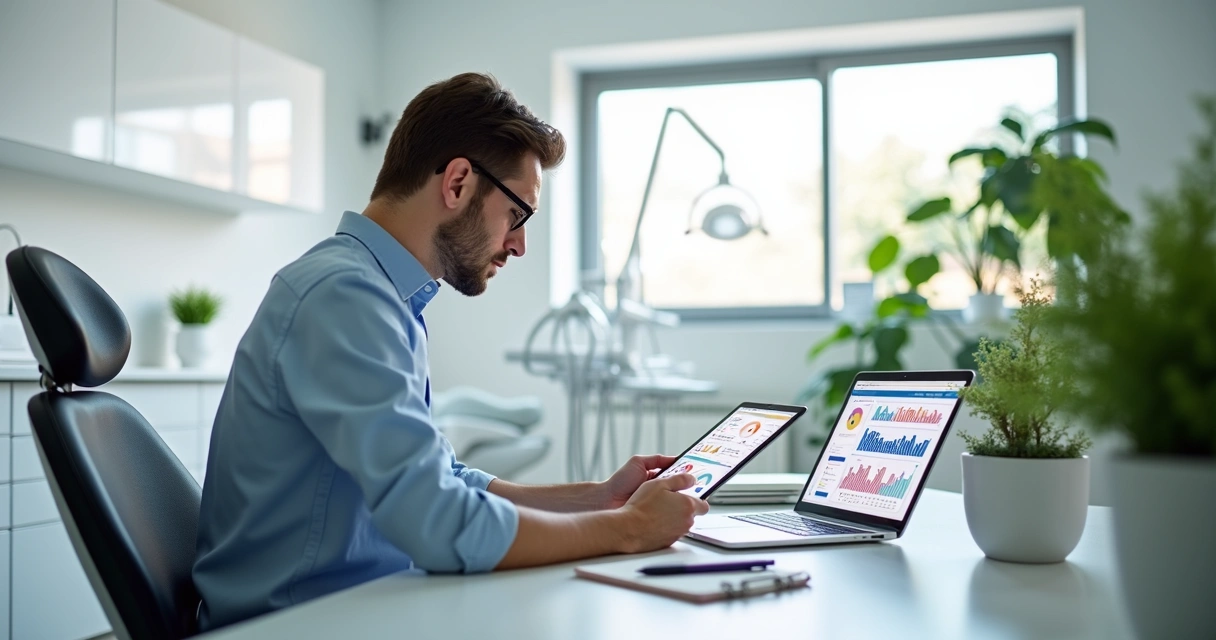 Profissional revisando planejamento estratégico anual em tablet com gráficos e agenda ao lado, ambiente moderno de clínica odontológica 