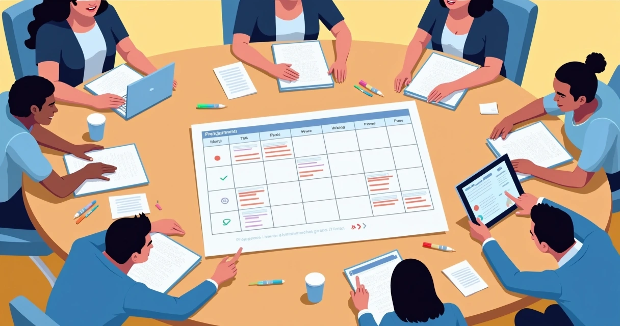 Mesa com calendário, planilhas e pessoas planejando comunicação