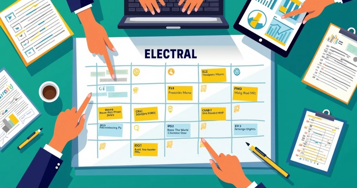 Mesa vista de cima com calendário eleitoral e pessoas analisando estratégias