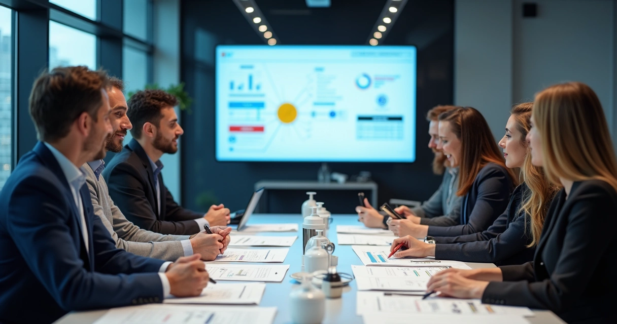 Equipe reunida em mesa planejando estratégias de CTA em quadros e telas 