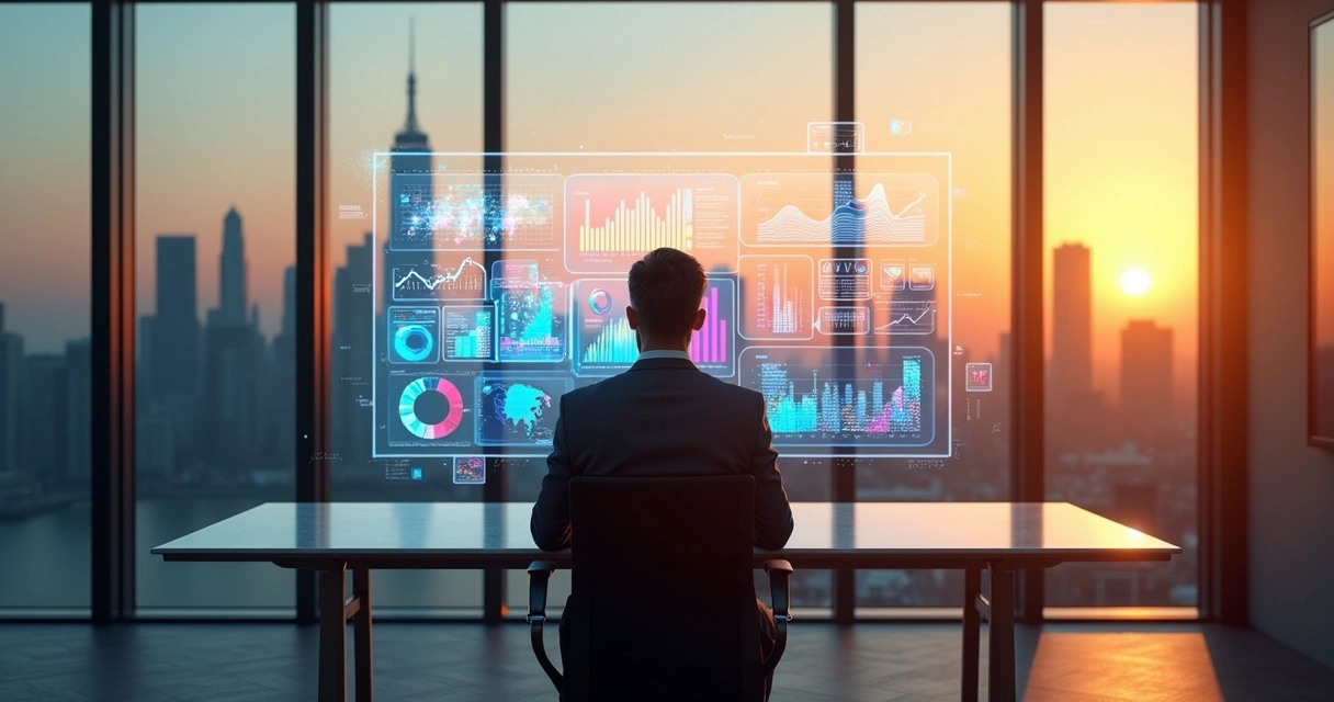 Empreendedor analisa gráficos digitais em tela com interface futurista e cenário moderno de escritório 