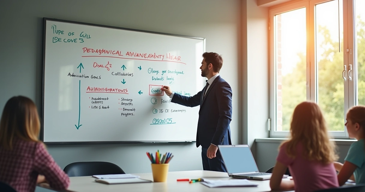 Gestor escolar escrevendo metas e indicadores em quadro branco moderno. 