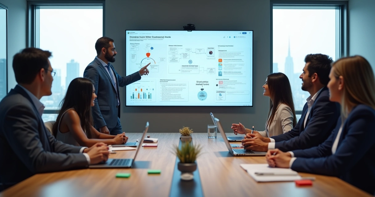 Equipe em reunião estratégica com painel mostrando gráficos e ícones de emoções 