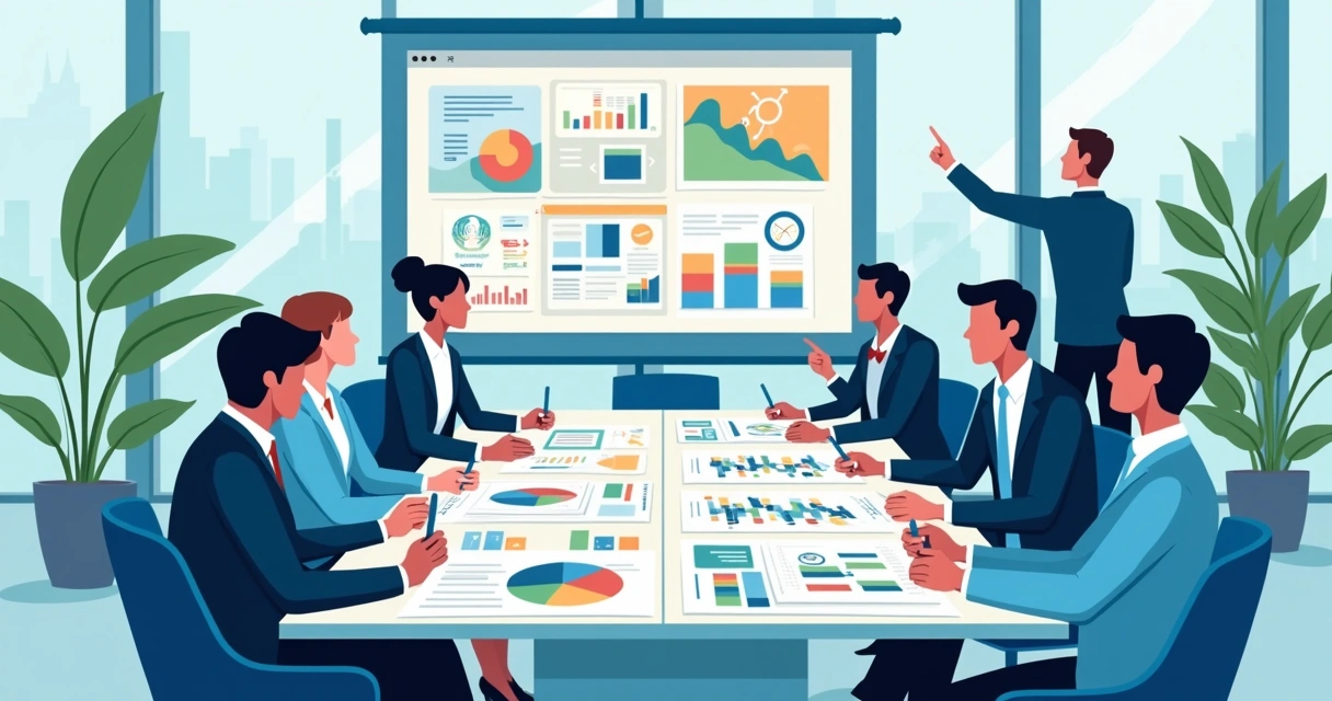 Reunião de planejamento estratégico com metas e gráficos 