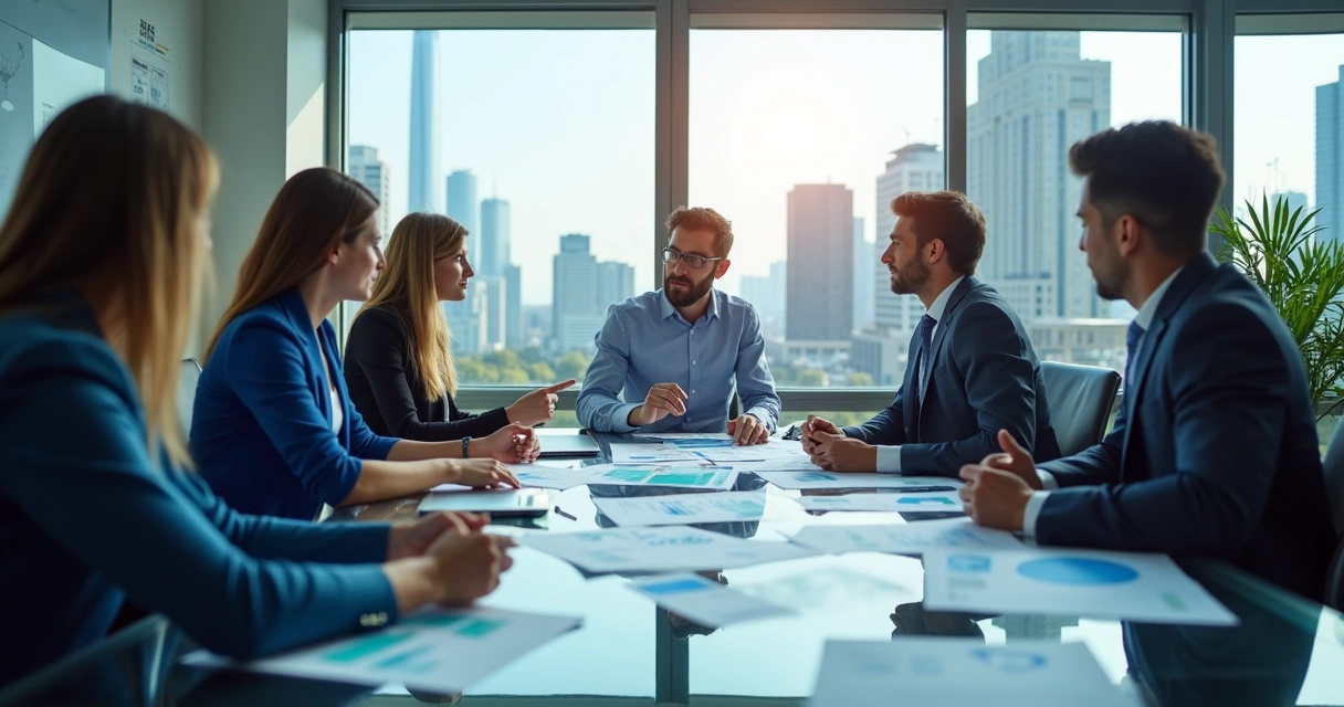 Equipe reunida analisando gráficos e documentos em uma mesa de escritório 