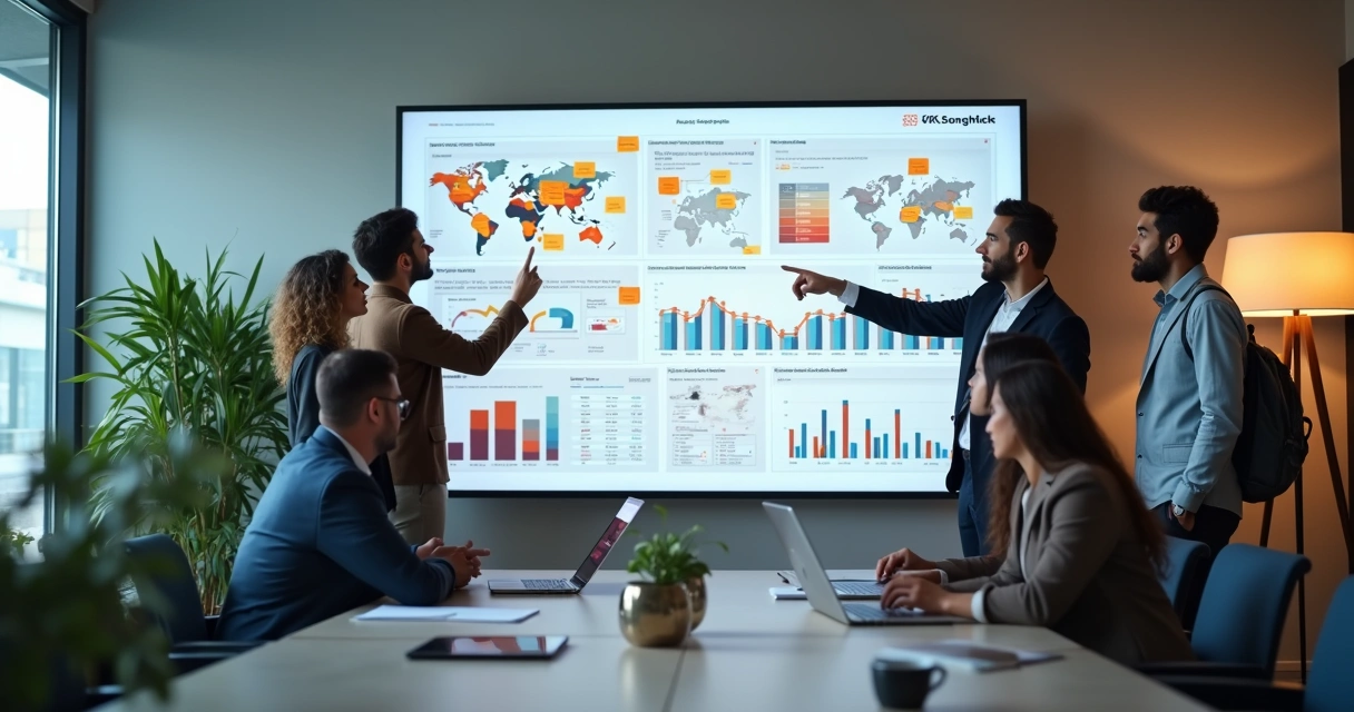 Equipe reunida em sala discutindo planejamento estratégico na parede cheia de gráficos 