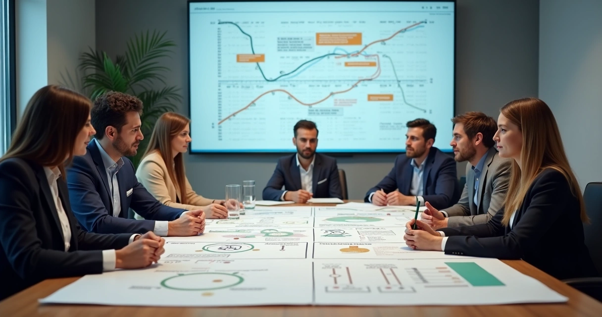 Equipe de gestão reunida em volta de uma mesa analisando planejamento estratégico 