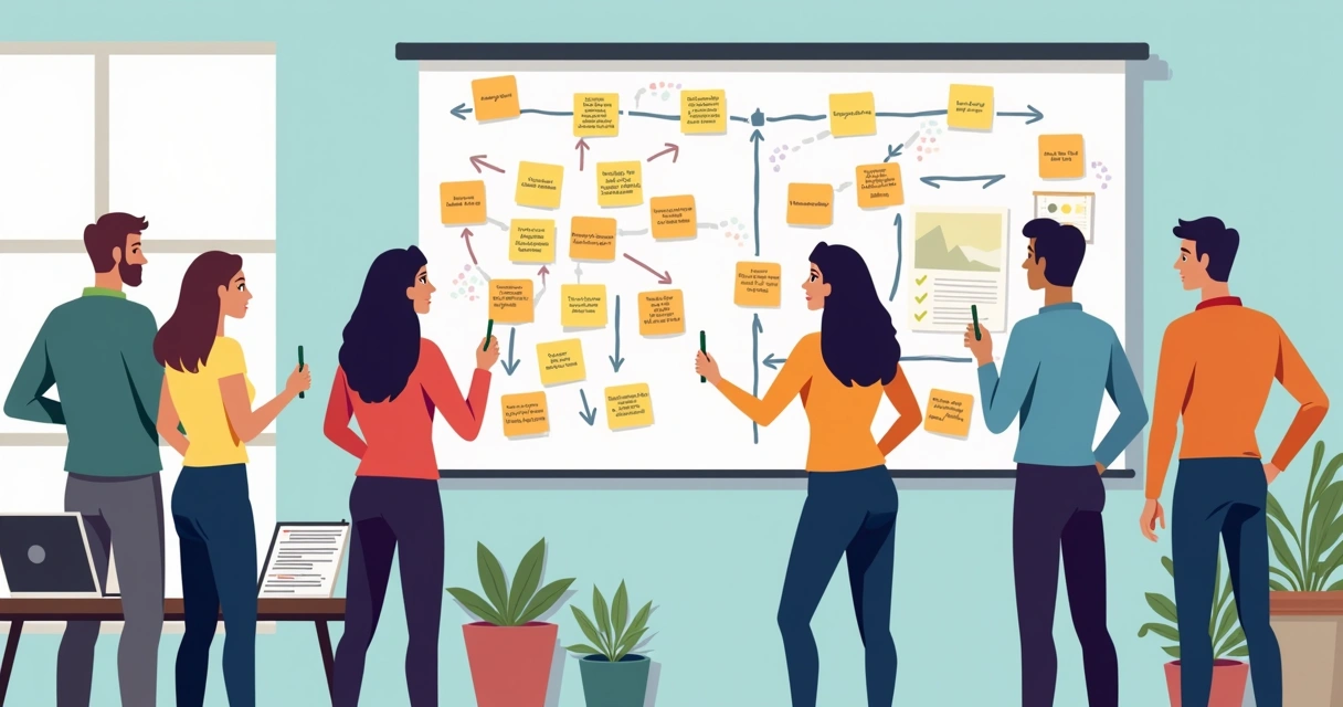 Equipe traçando plano estratégico em quadro branco