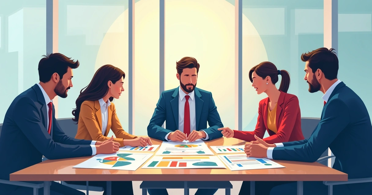 Equipe de negócios reunida ao redor de mesa analisando gráficos coloridos e documentos estratégicos 