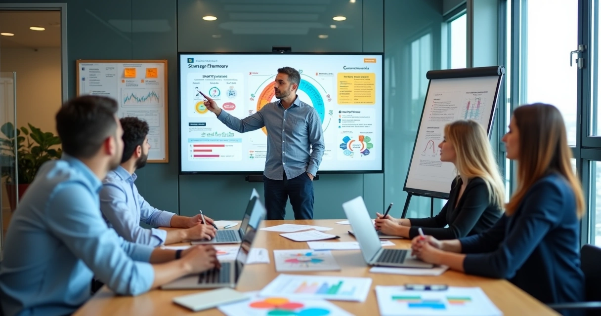 Líder de PME apresentando planejamento estratégico em reunião com equipe 