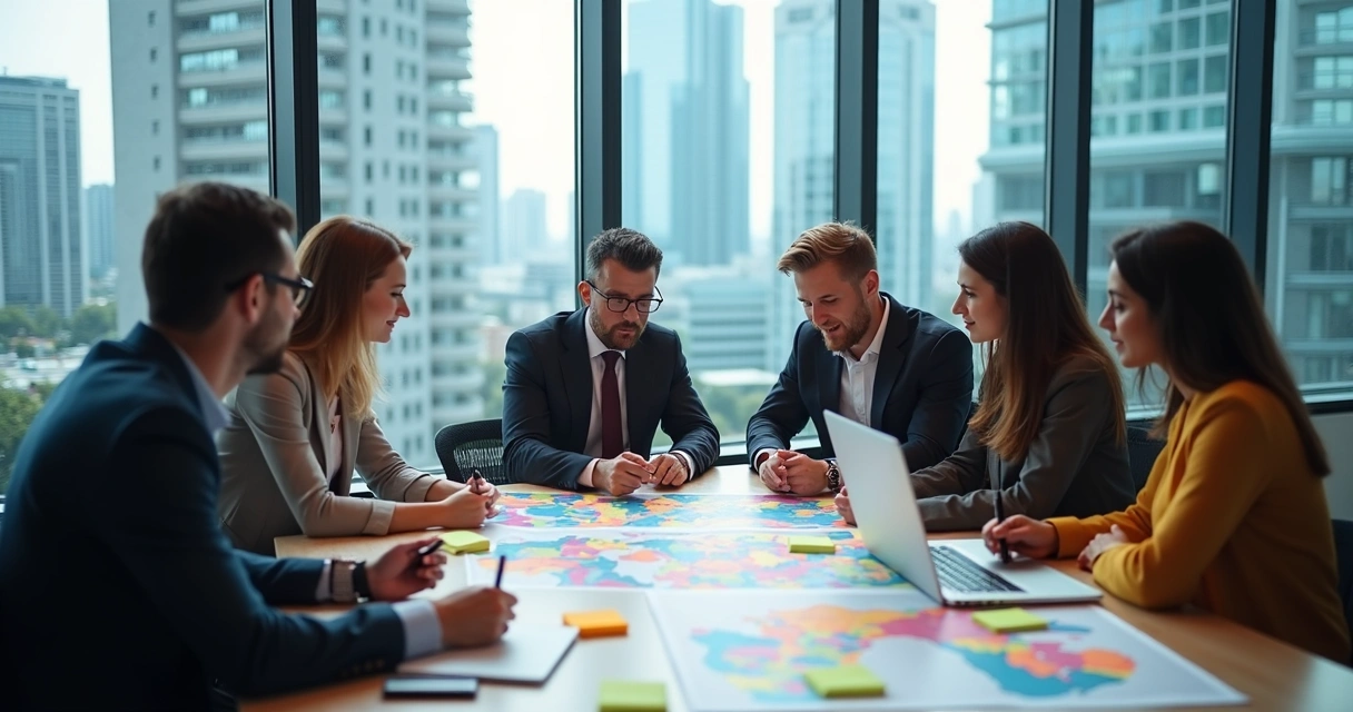 Equipe de PME reunida analisando gráficos e mapas em sala de reunião moderna 
