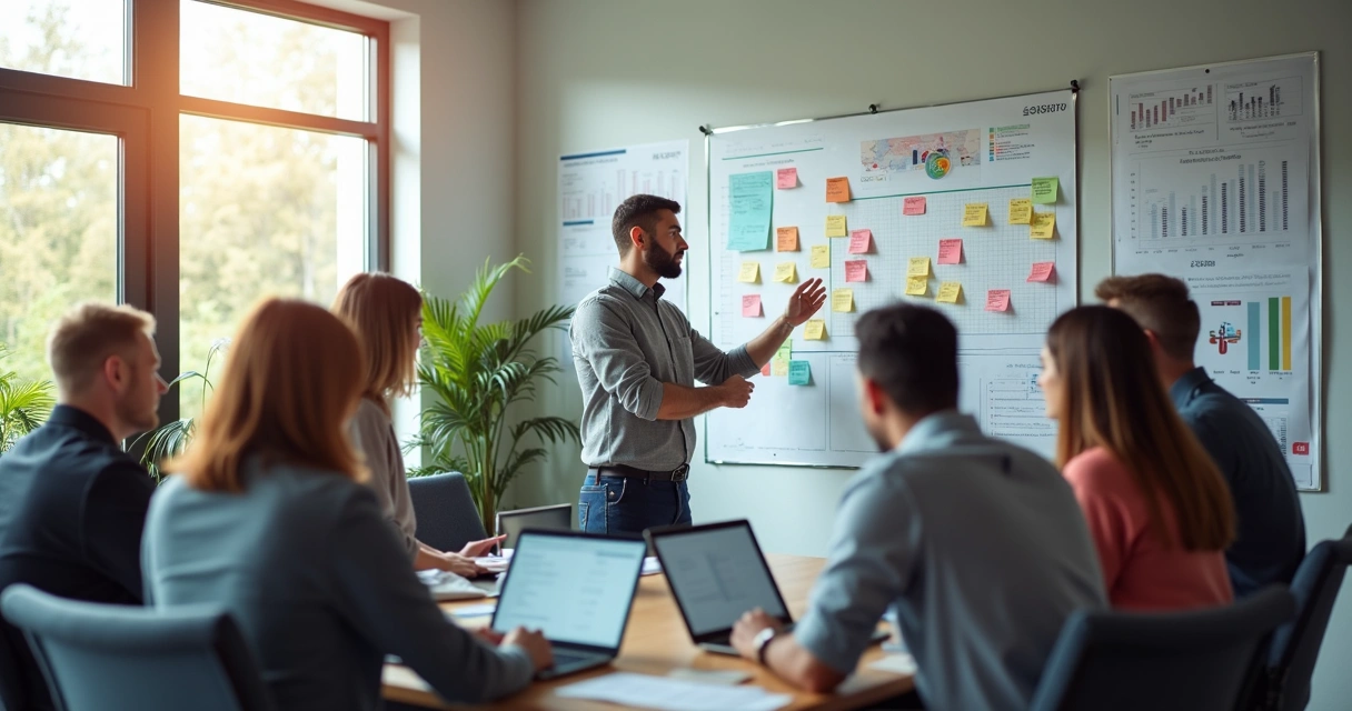 Equipe reunida analisando quadro de planejamento estratégico