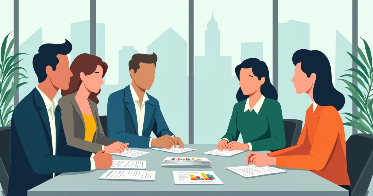 Equipe de PME reunida em mesa, discutindo planejamento estratégico, papéis e gráficos espalhados 