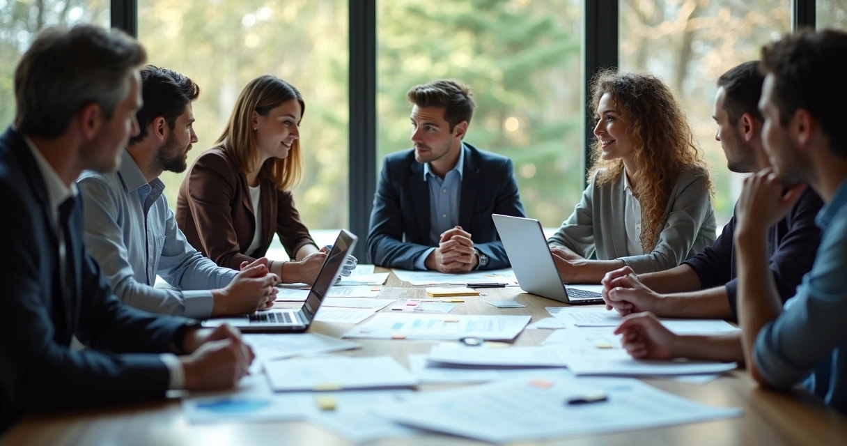 Equipe reunida debatendo planejamentos estratégicos 