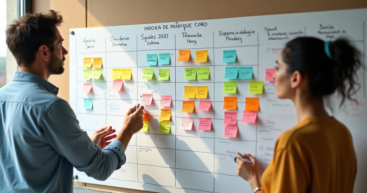Quadro branco com calendário escolar, post-its coloridos e anotações de planejamento 