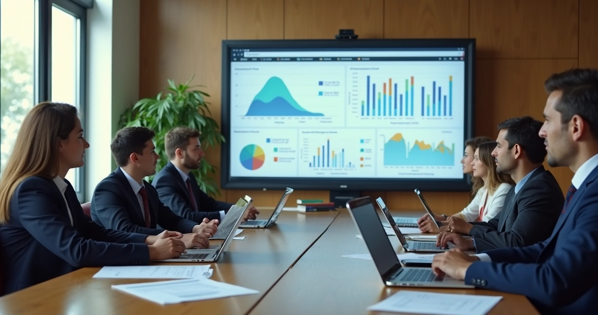 Equipe escolar reunida analisando gráficos de desempenho e metas 