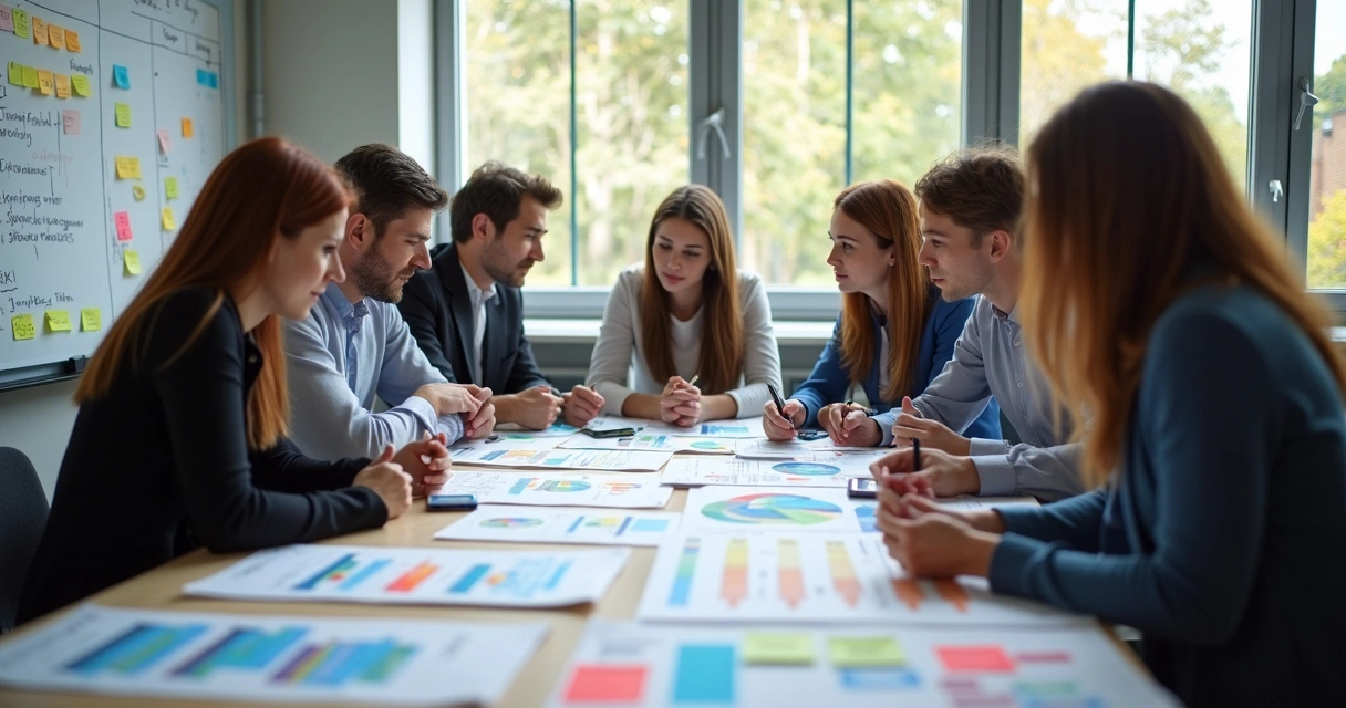 Quadro de planejamento estratégico escolar com metas e gráficos coloridos 