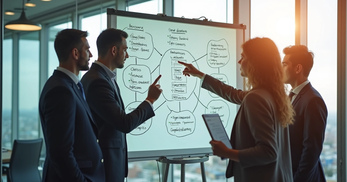 Equipe de gestão em reunião analisando fluxogramas na parede 