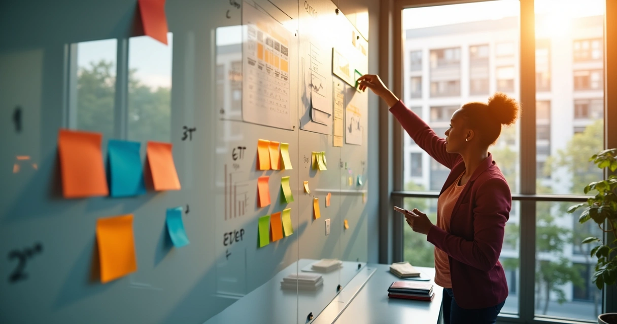 Pessoa planejando metas utilizando post-its coloridos em um escritório moderno 