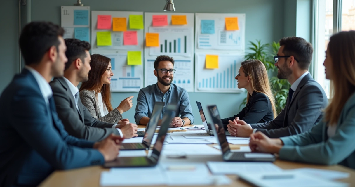 Equipe reunida discutindo metas estratégicas financeiras digitais 
