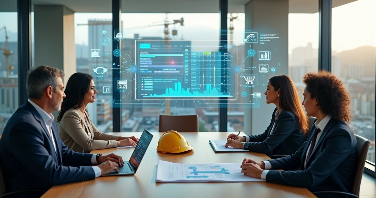 Gestores de construtora analisando planejamento estratégico com painel de IA e obras ao fundo 