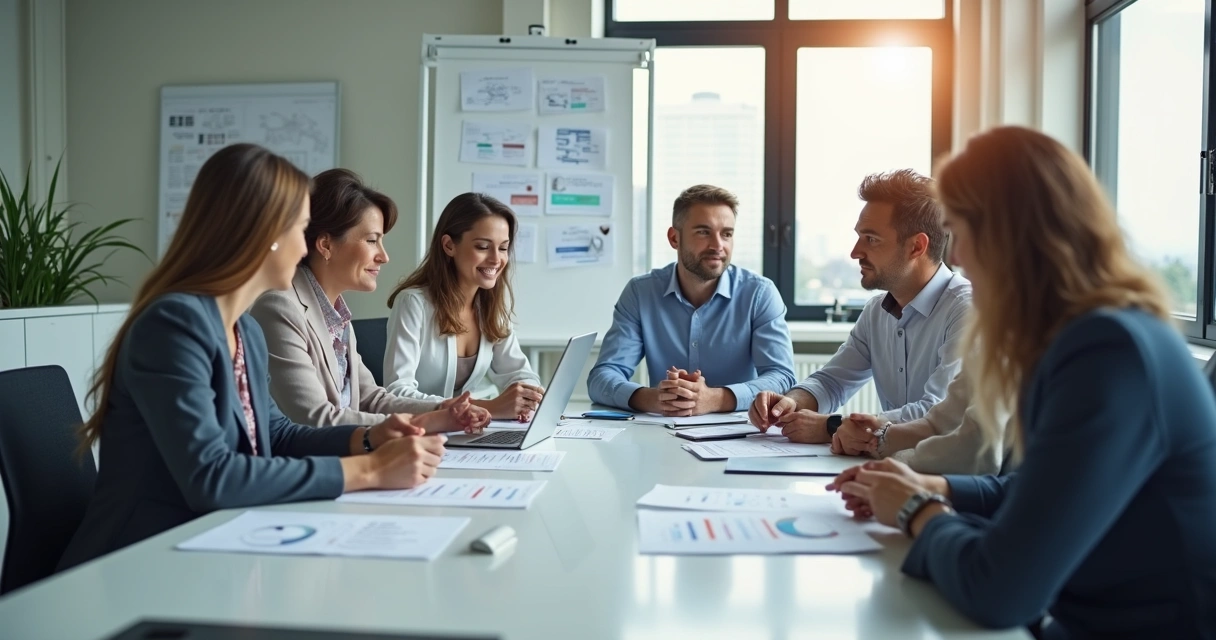 Equipe discutindo estratégias para ILPI em sala clara e moderna 