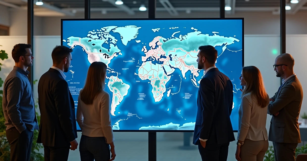 Equipe multinacional analisando mapa-múndi e gráficos digitais 