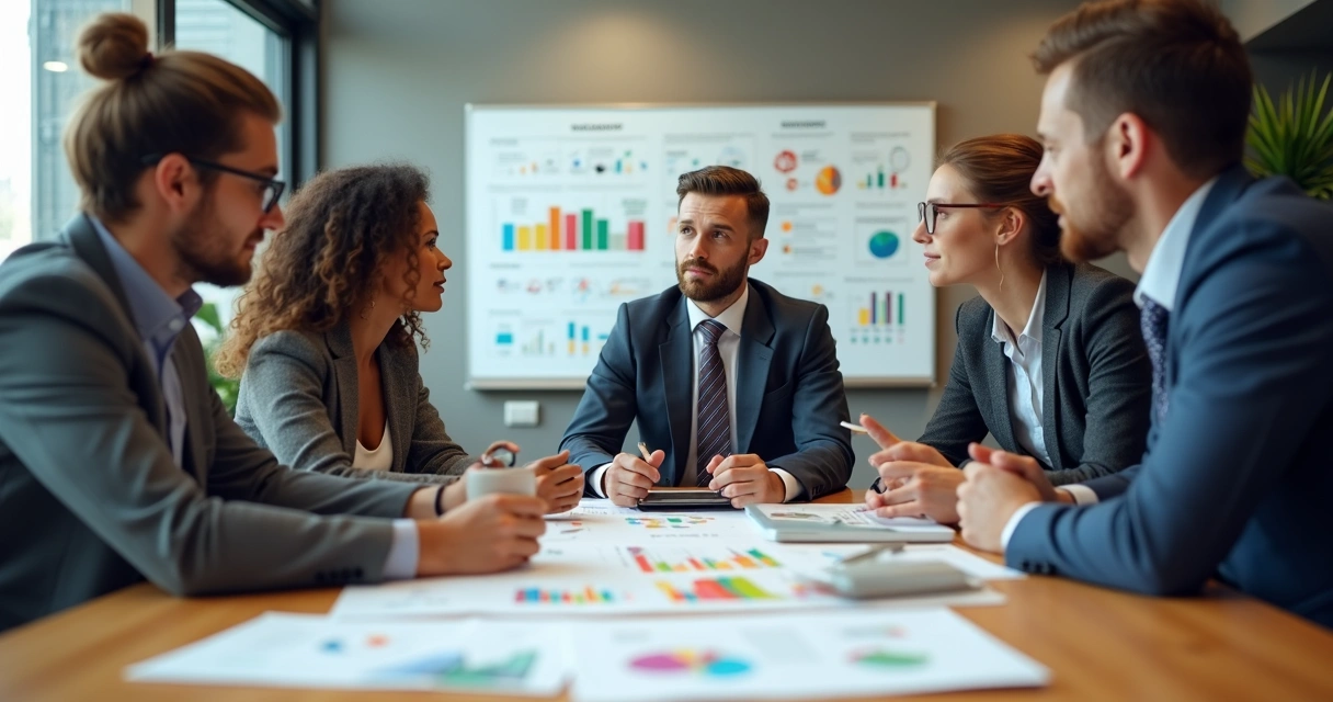 Colaboradores reunidos ao redor de uma mesa, analisando gráficos e mapeando planejamento estratégico 