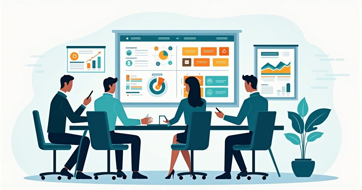 Lideranças analisando painel estratégico com metas e indicadores 