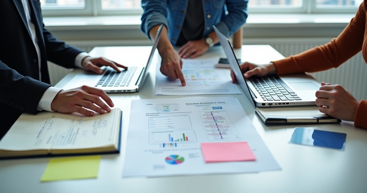 Mesa com computadores, anotações e pessoas planejando estratégias de marketing digital 