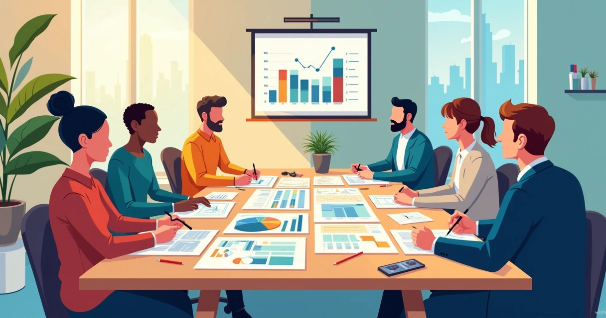 Equipe discutindo plano de marketing com gráficos e notebooks