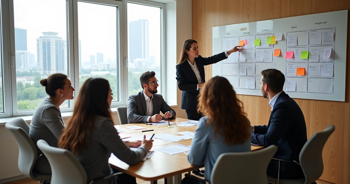 Equipe discutindo planejamento estratégico de marketing numa sala moderna 