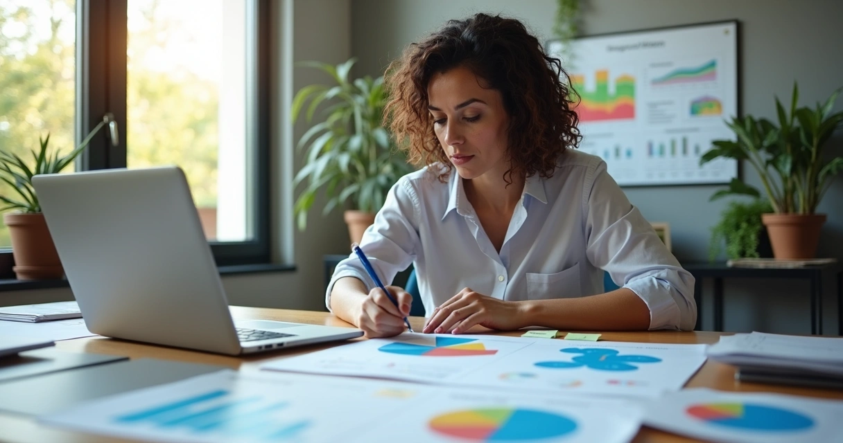 Empresária analisando gráficos e planos estratégicos em mesa de escritório