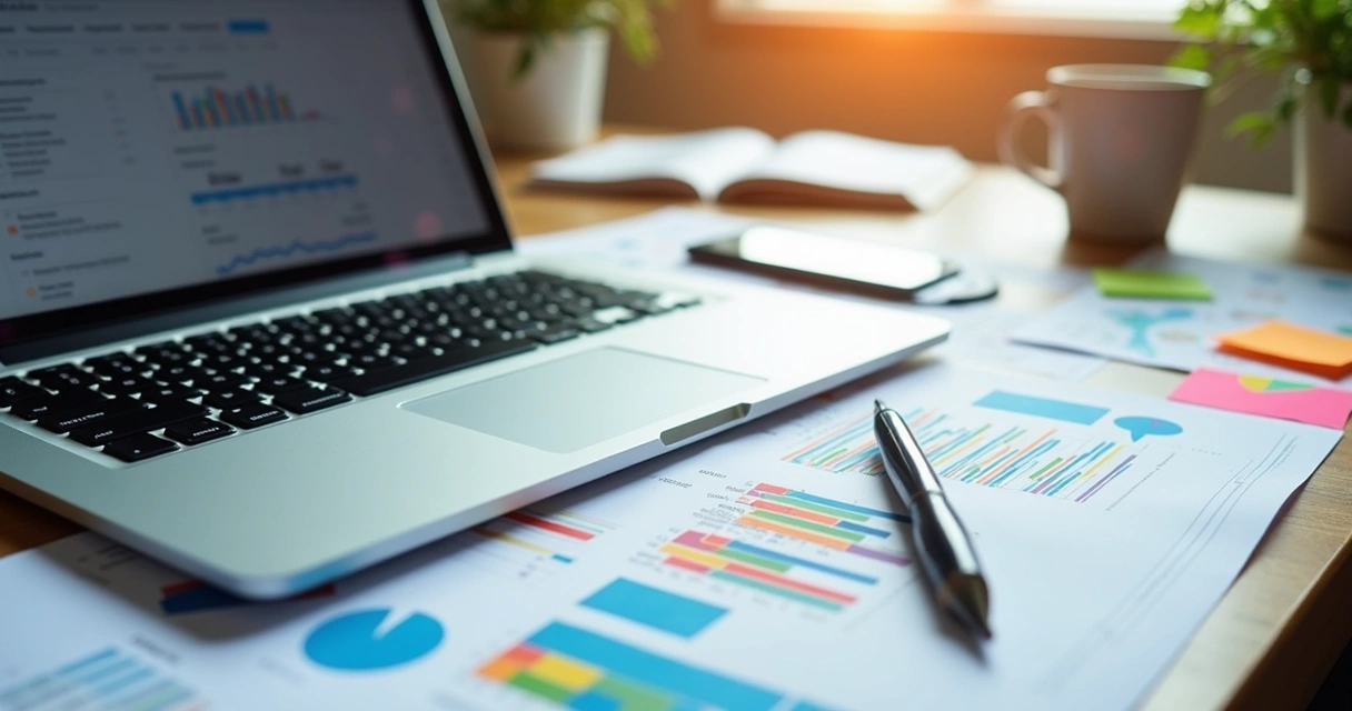 Mesa com computador, papéis com planejamentos e gráficos coloridos 