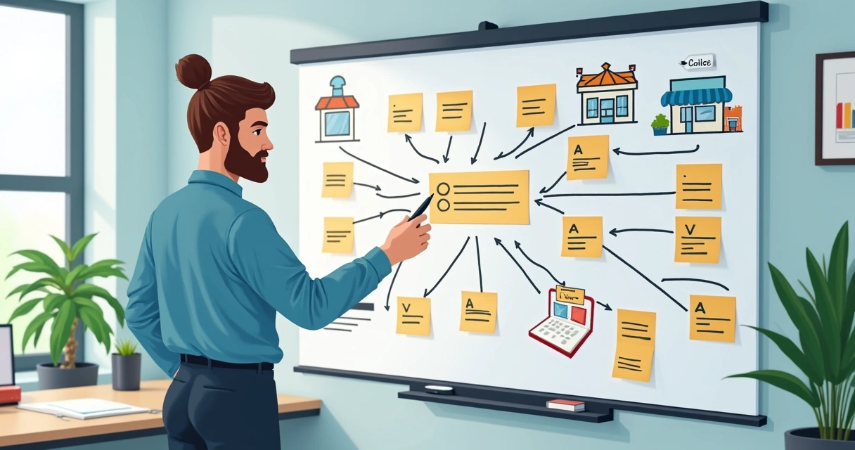 Estratégia digital desenhada no quadro com pequenas lojas ao redor 