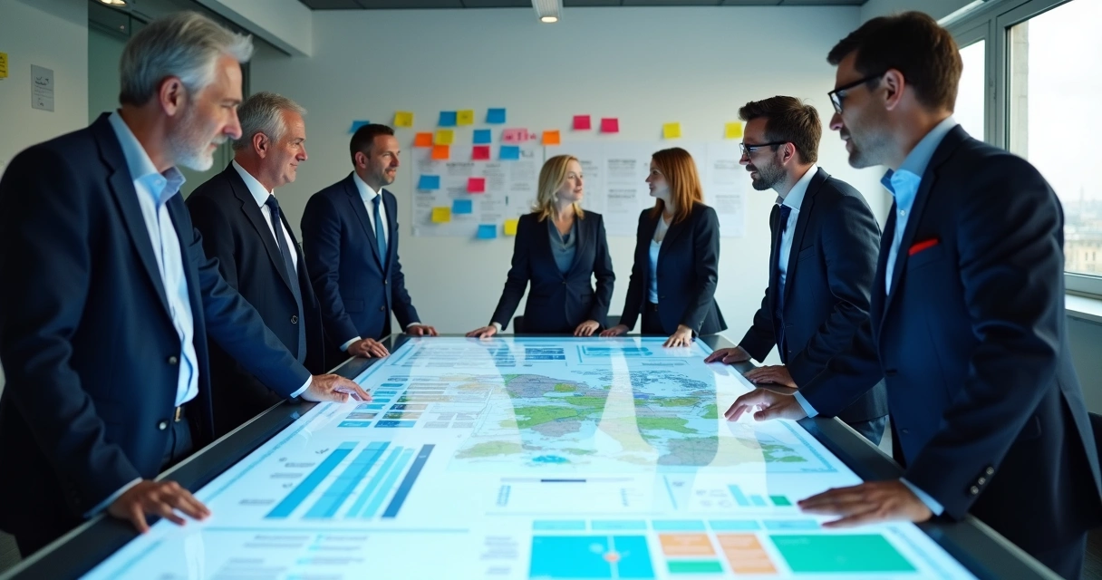 Equipe política planejando estratégia com gráficos em uma sala digital 